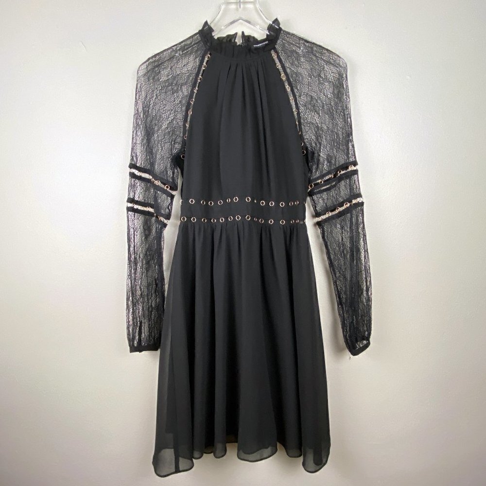 ASOS WAREHOUSE | Long Lace Sleeves Skater Dress in Black 4